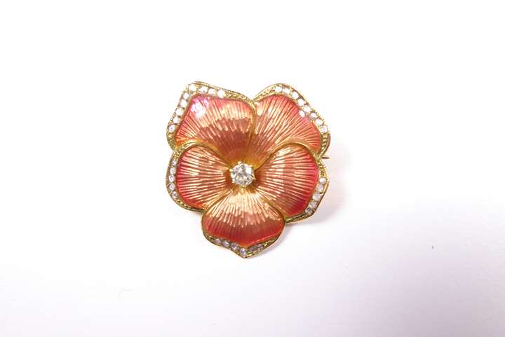 Antique salmon-coloured enamel, diamond and rose diamond and diamond pansy brooch